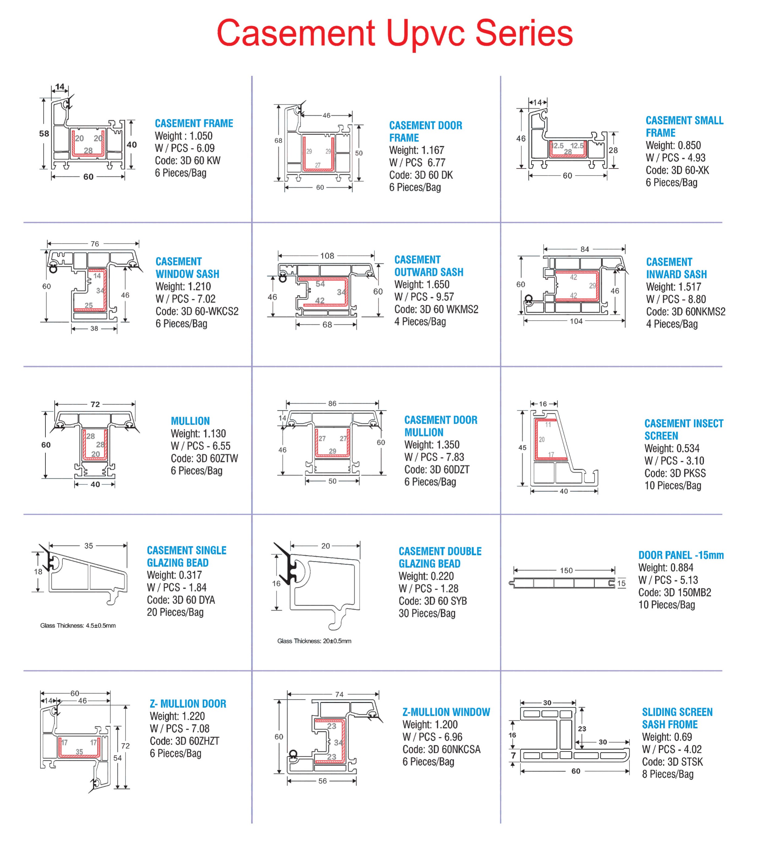 Casement UPVC Series Technical Diagrams